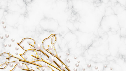 gold flower, pearl and marble background