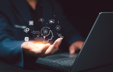 Chatbot Chat with AI, Artificial Intelligence. man using technology smart robot AI, artificial intelligence by enter command prompt for generates something, Futuristic technology transformation.