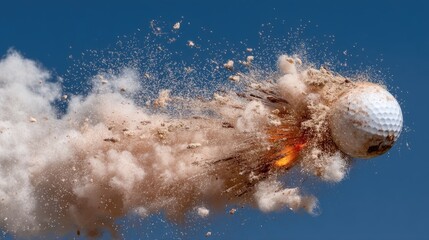 Golf ball explodes upon impact with ground during a training session in bright blue sky