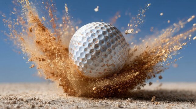 Golf ball hits sand trap and creates a burst of sand on a sunny day on the golf course in the late afternoon - Powered by Adobe
