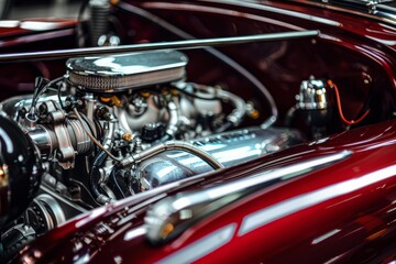 Chrome engine parts shining under the hood of a custom powerful car