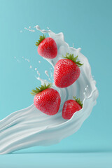 Fresh Strawberries with Creamy Milk Splash on a bright teal background, a perfect Food Photography for advertisement posters