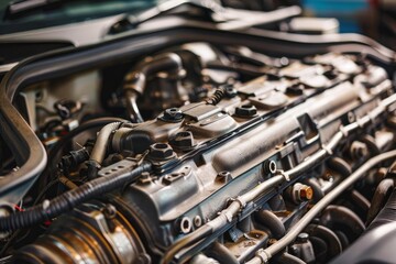 Fototapeta premium Close up view of a powerful car engine, highlighting its intricate components and advanced technology