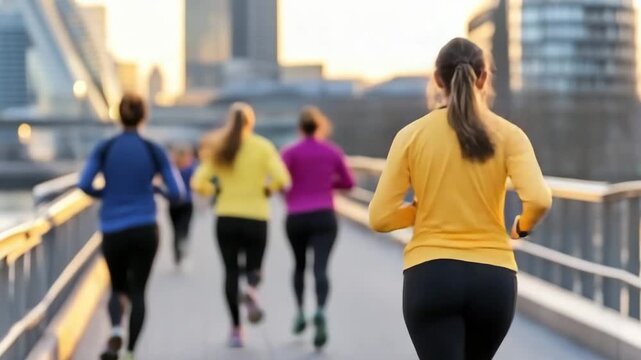 Running along the city waterfront at sunset