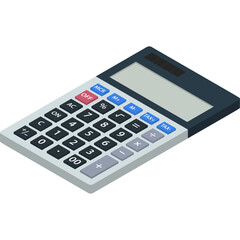 Isometric Pixel Art Calculator In Dark Blue Gray And White With Colorful Buttons On Transparent Background