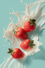 Fresh Strawberries with Creamy Milk Splash on a bright teal background, a perfect Food Photography for advertisement posters