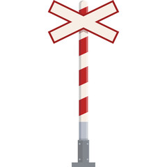 Red and white striped railway crossing signpost with a cross symbol for safety warning on a transparent background illustration