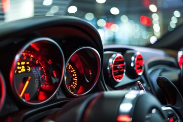 Close up of illuminated car dashboard showing speed, rpm, and other indicators in a modern vehicle interior