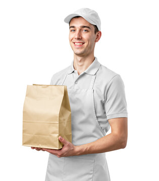 Fast Food Man Staff in Uniform holding brown paper Takeout Bag