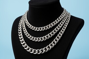 Three gleaming silver curb chain necklaces gracefully displayed on a sleek black velvet bust, creating a luxurious fashion statement against a soft blue background