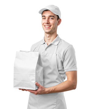 Fast Food Men Staff in Uniform holding white paper Takeout Bag