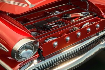 Obraz premium Organized tools and equipment neatly arranged in compartments under the hood of a red classic car