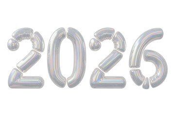 Silver balloon numbers spelling "2026," celebratory and futuristic, representing a new year's milestone.