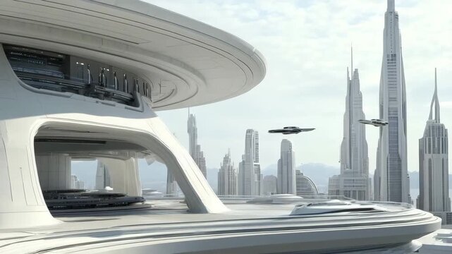 Futuristic city with flying vehicles and tall buildings