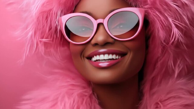 Portrait of a smiling person wearing pink sunglasses and a fluffy feathered shawl against a pink backdrop