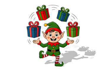 Festive elf cheerfully juggling colorful presents, radiating holiday joy and celebratory spirit.