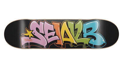 Colorful graffiti lettering adorns a black skateboard deck, evoking urban art and youthful energy.