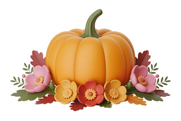 Vibrant pumpkin surrounded by colorful autumn flowers, representing harvest and seasonal beauty.