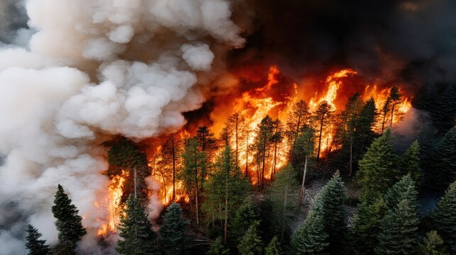 Wildfire consumes forest with towering flames and thick smoke on a dry summer day near national park, creating a dramatic and alarming scene