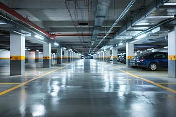 Obraz premium Modern underground parking garage with illuminated lights reflecting on the polished floor