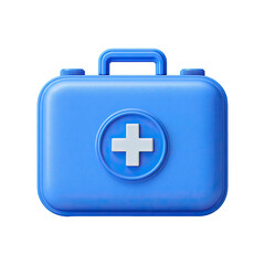 Obraz premium A light blue plastic first-aid kit with a white cross on its lid, rendered in a 3D style