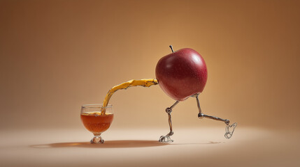 Surreal Red Apple with Robot Legs Pouring Juice into a Glass