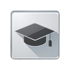A square, grey button features a dark grey graduation cap with a shadow, symbolizing education or achievement