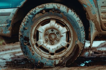 Close up of a muddy car wheel stuck on a dirt road, highlighting the challenges of off road driving after rain