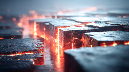A close up of a rocky landscape with a fire burning through the rocks. The fire is orange and the rocks are grey. Concept of destruction and chaos