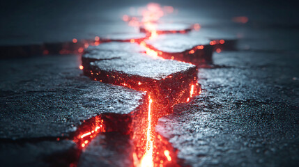 A crack in the ground with red lava flowing out of it. The lava is glowing and the crack is deep