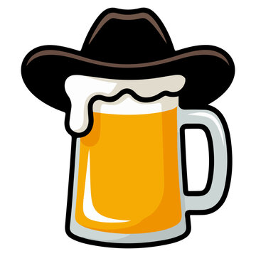 A beer mug with a cowboy hat on top, creating a playful and humorous image. The beer is overflowing with foam