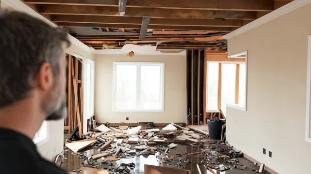 Man assesses damage in a flooded home renovation project