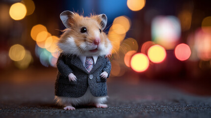 a cute little Hamster in Business Suit Standing in City Street, rat race in corporate concept