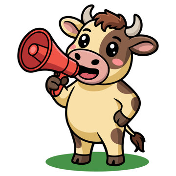 A cheerful cartoon cow holding and speaking into a megaphone