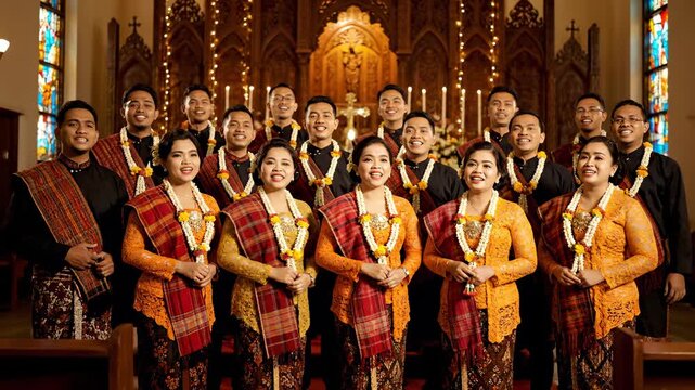 Indonesian Christmas Choir Performance in Traditional Attire, Golden Lighting, and Warm Festive Atmosphere for Cultural Celebrations