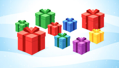 A colorful assortment of presents are lined up on a snowy surface. The presents are of various sizes and colors, including red, green, blue, and yellow. Concept of joy and excitement