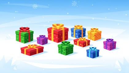 A bunch of colorful boxes with a white background. The boxes are all different sizes and colors, and they are all wrapped in colorful ribbons. Concept of joy and excitement