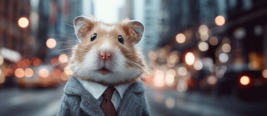 a serious Hamster in Business Suit Standing in the middle of City Street, rat race in corporate concept