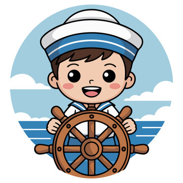 A cartoon of a young sailor at the helm of a ship, with the blue ocean and sky in the background