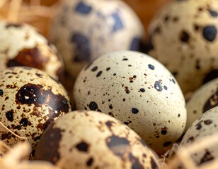 Obraz premium Close-up of speckled eggs nestled within a bed of dry straw