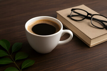  A cup of hot coffee on a wooden table with a book and glasses beside it, captured from top view in natural morning light. Cozy minimalistic workspace or relaxing morning