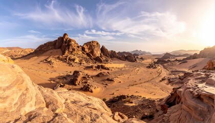 Panoramic desert landscape at golden hour with dramatic rock formations and sandy dunes under a bright sky with wispy clouds