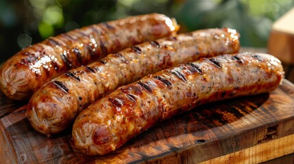 Fototapeta premium Close up of various delicious sausages showcasing their unique textures and flavors