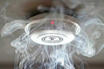 Smoke is engulfing a smoke detector fixed on the ceiling, setting off the alarm system