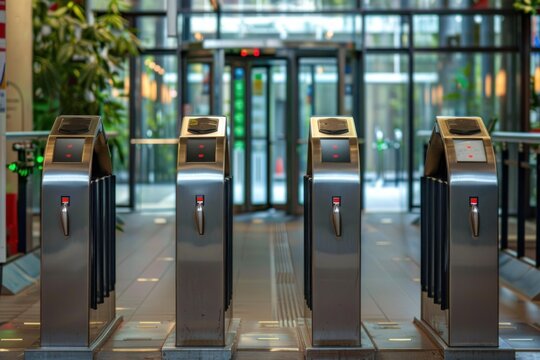 Entrance gates access control system allowing employees access to office building security turnstile