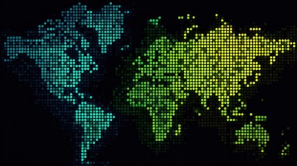 World Map Pixelated Digital Art Green and Blue Tones.