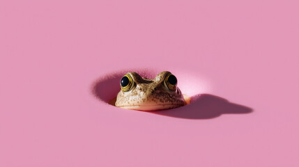 Cute Frog with Large Eyes Peeking Out of a Hole in a Bright Pink Background