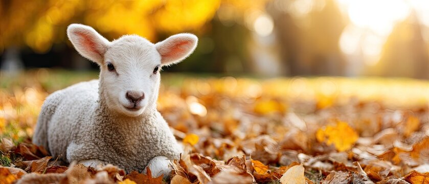 Cute lamb resting on colorful autumn leaves in a serene outdoor setting during golden hour