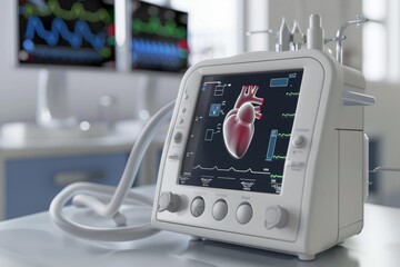Medical ventilator displaying beating heart on screen, representing advanced life support technology in operating room