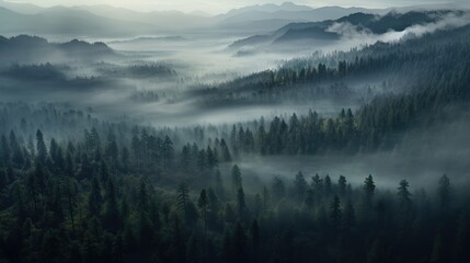 Fototapeta premium Misty Mountain Forest with Dense Evergreen Trees and Foggy Valleys